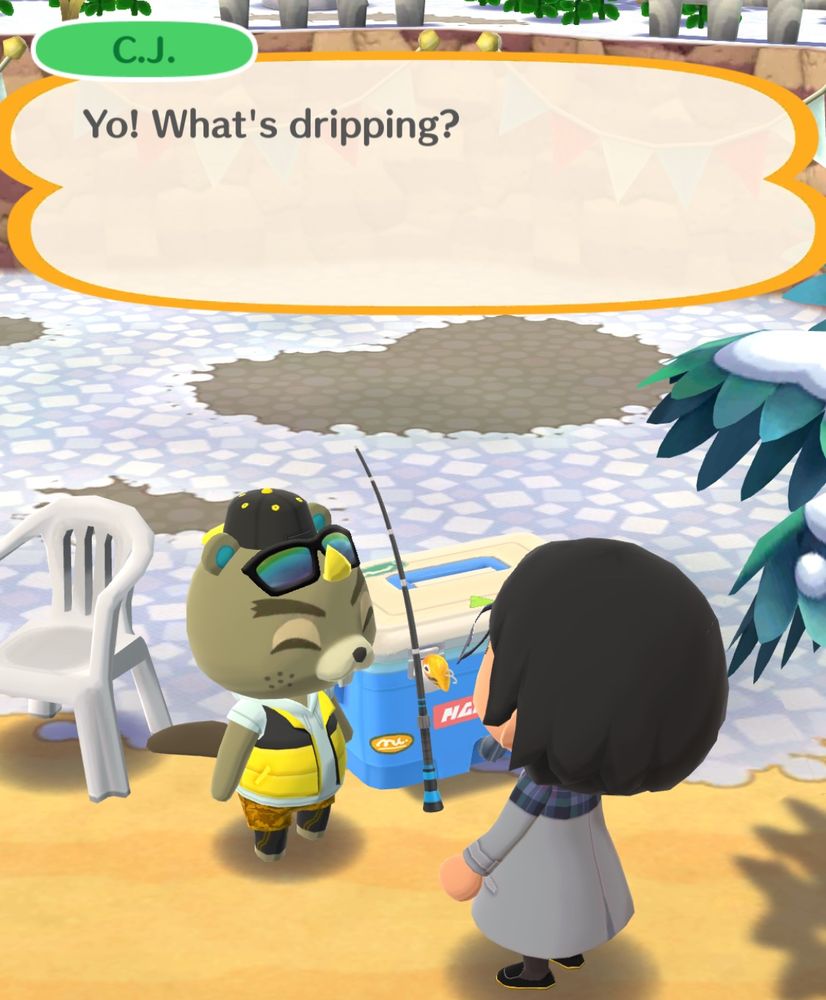 CJ in animal crossing pocket camp asking me what’s dripping