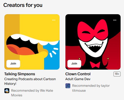 Talking Simpsons recommended by We hate movies side by side clown control recommended by Taylor titmouse. They both seem jovial 
