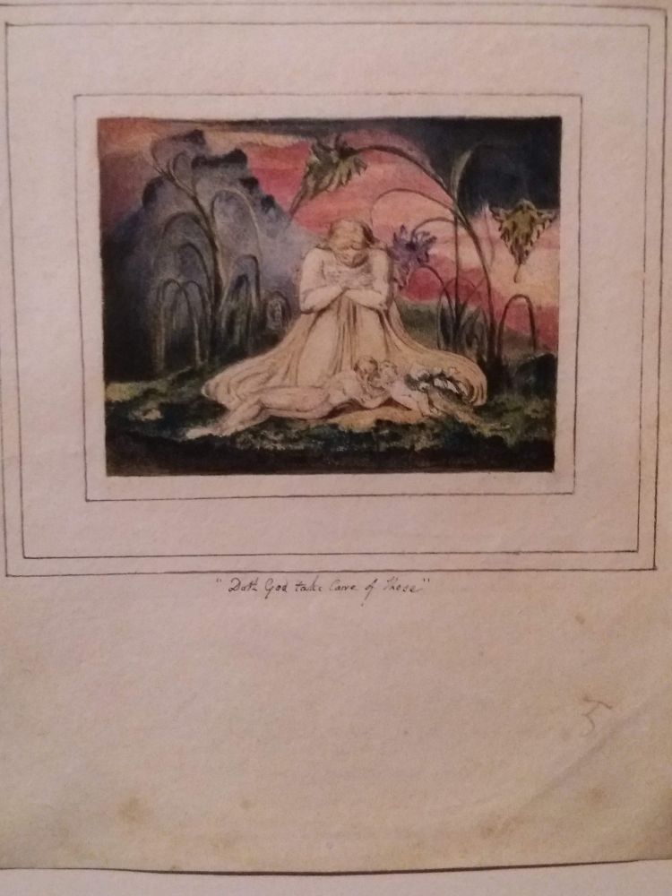 Plate from The Book of Thel, a favourite Blake poem, at the Tate Britain. Thel looks down at two figures embracing beneath her.