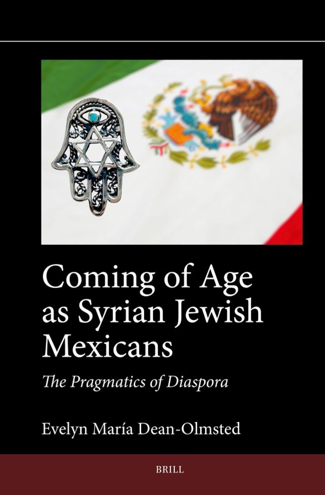 Book cover, black background with white text; red stripe across the bottom. Image of Hamsa in front of Mexican flag.