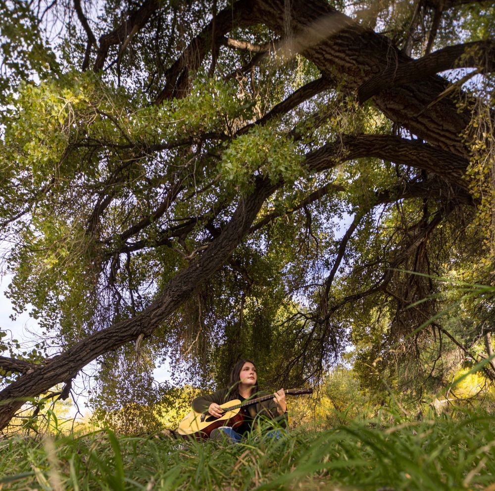 Person playing guitar in woods