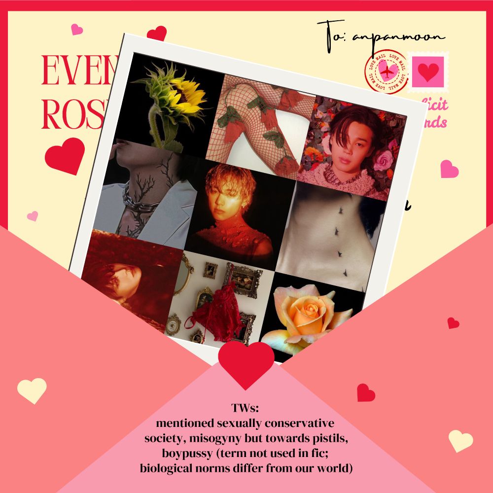 A nine picture collage of equal sized pictures on a white background. The top left picture is a yellow sunflower against a black background. The middle top picture is a pair of legs in fish net hose with roses embroidered against a white background. The top right picture is a red-tinted picture of dark-haired Jimin with his bang covering one eye wearing a wooled sweater with a wide collar against a background of roses. The middle left picture is of Taehyung's neck with branching tattoos in black ink. The middle picture is of blonde taehyung against a black background wearing a red sequined turtleneck. The middle right picture is of Jimin's neck with small bird like tattoos dotting up the side of it. The bottom left picture is a red-tinted picture of Hoseok lying on the ground with dark hair and bangs down in a black turtleneck. The bottom middle picture is a white wall with gold-framed pictures and a red lacy lingerie top hanging from one of the frames. The bottom right picture is a white and yellow rose against a black background.