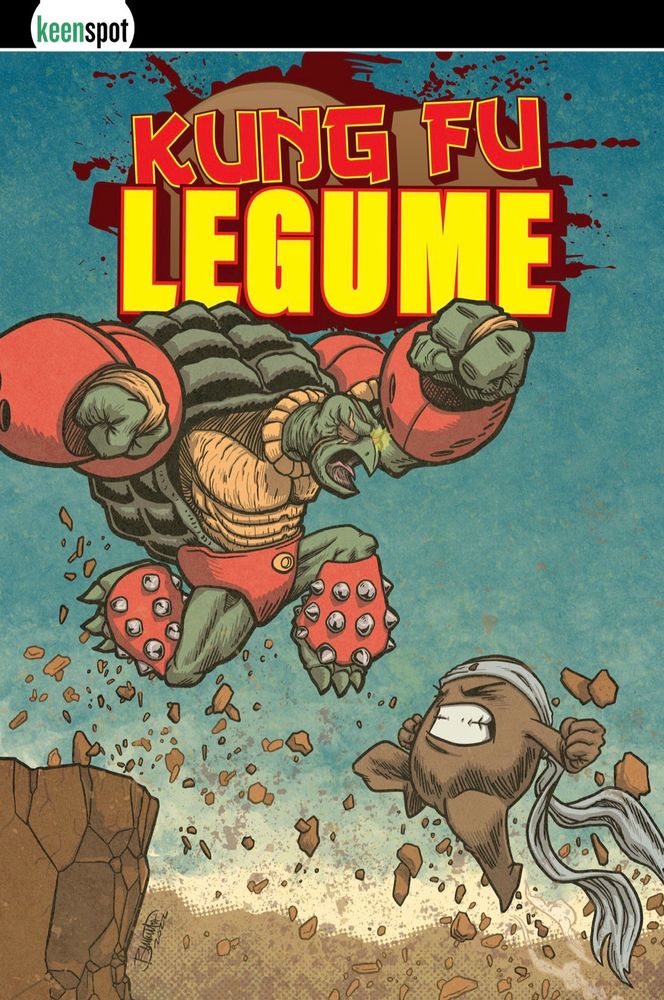 A sentient legume fights a large humanoid turtle.