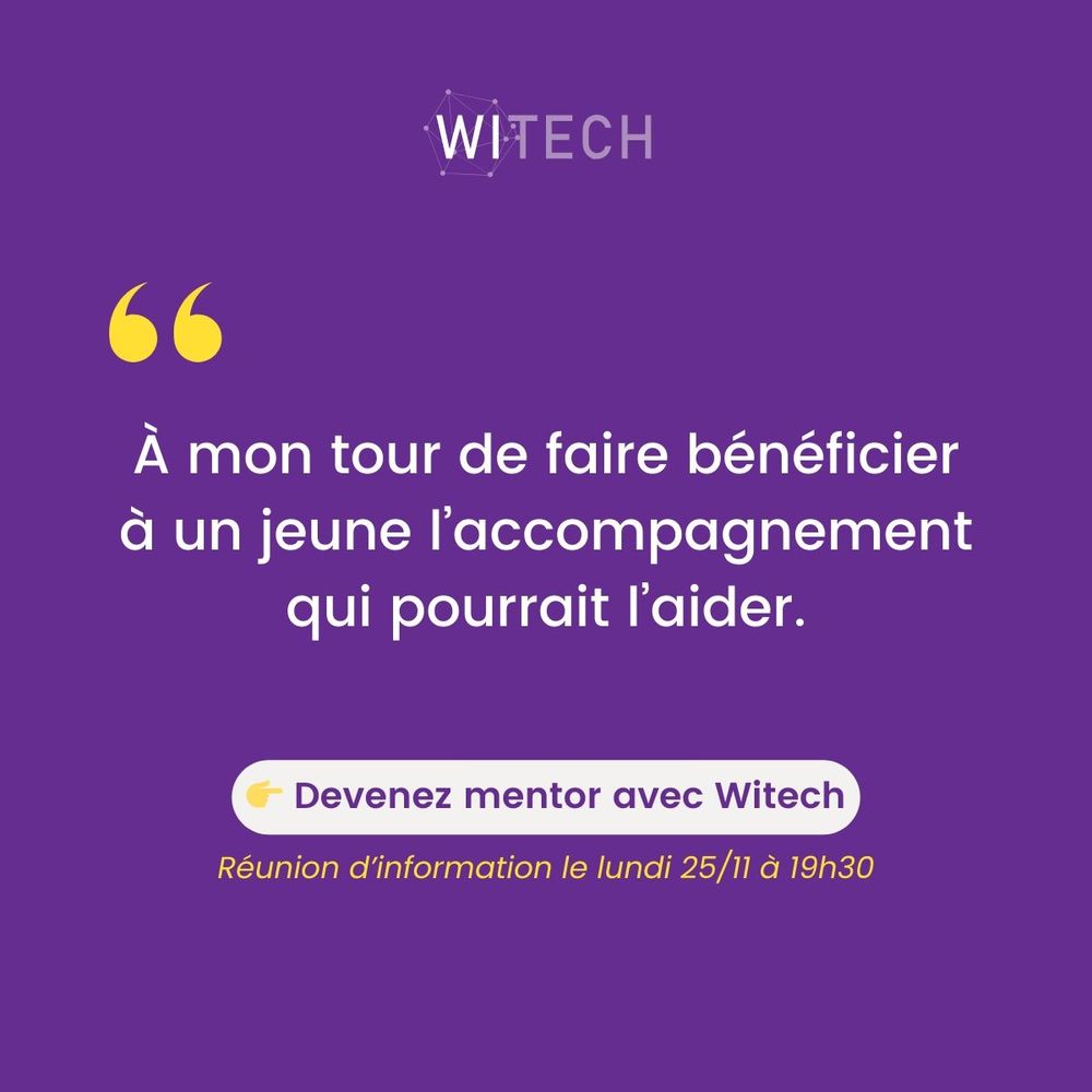 Citation en texte blanc sur fond violet : "À mon tour de faire bénéficier à un jeune l'accompagnement qui pourrait l'aider"