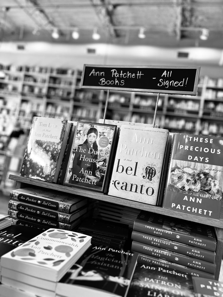 Bookshelf at Parnassus Books with all books by Ann Patchett with signage that says “All Signed!”