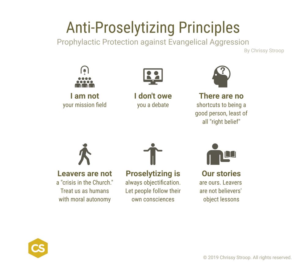 Chrissy Stroop’s anti-proselytizing principles infographic. Subhead: Prophylactic protection against evangelical aggression. Point one (illustrated with an icon of a church congregation): I am not your mission field. Point two (illustrated with an icon of talking heads on TV): I don’t owe you a debate. Point three (illustrated with an icon of a human head with a question mark inside the brain area): There are no shortcuts to being a good person, least of all “right belief.” Point four (illustrated by an icon of a person waking): Leavers are not a “crisis in the church.” Treat us as humans with moral autonomy.  Point five (illustrated with an icon of a man with arms outstretched as if proclaiming something to a crowd): Proselytizing is always objectification. Let people follow their own consciences. Point six (illustrated by an icon of a person from the waist up holding an open book): Our stories are ours. Leavers are not believers’ object lessons.