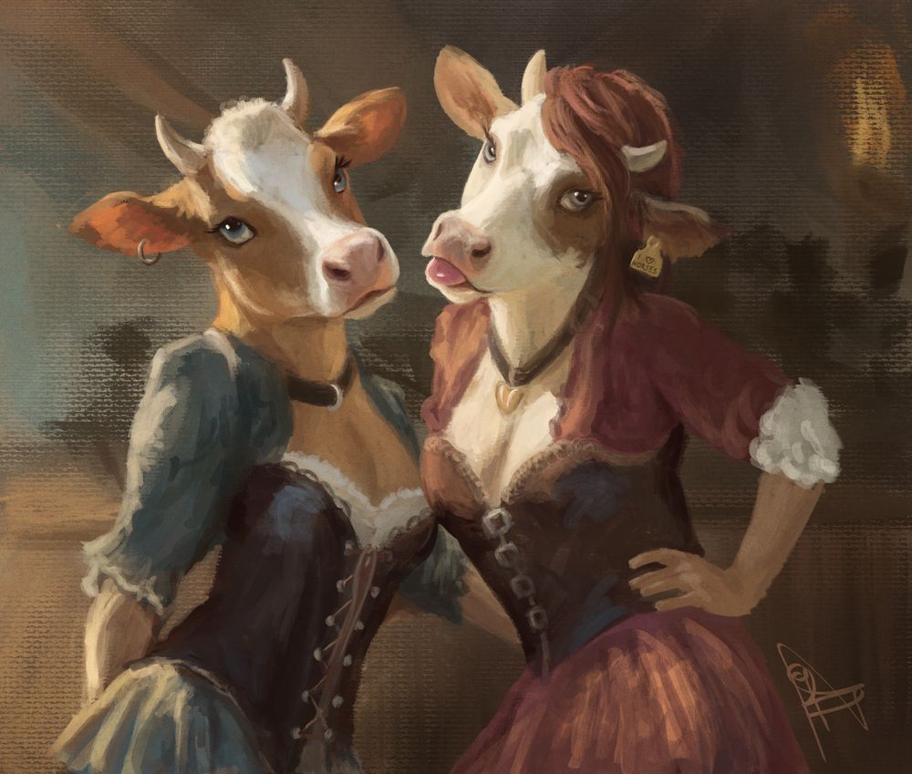 A painterly digital artwork of two anthropomorphic cows dressed as tavern barmaids. They stand close together, wearing laced corset dresses — one in teal, the other in burgundy. The cow on the right has reddish-brown hair, sticks her tongue out playfully, and rests a hand on her hip. The other gives a calm, slightly unimpressed side-glance. Warm tavern lighting and textured brushstrokes create a cozy atmosphere.
