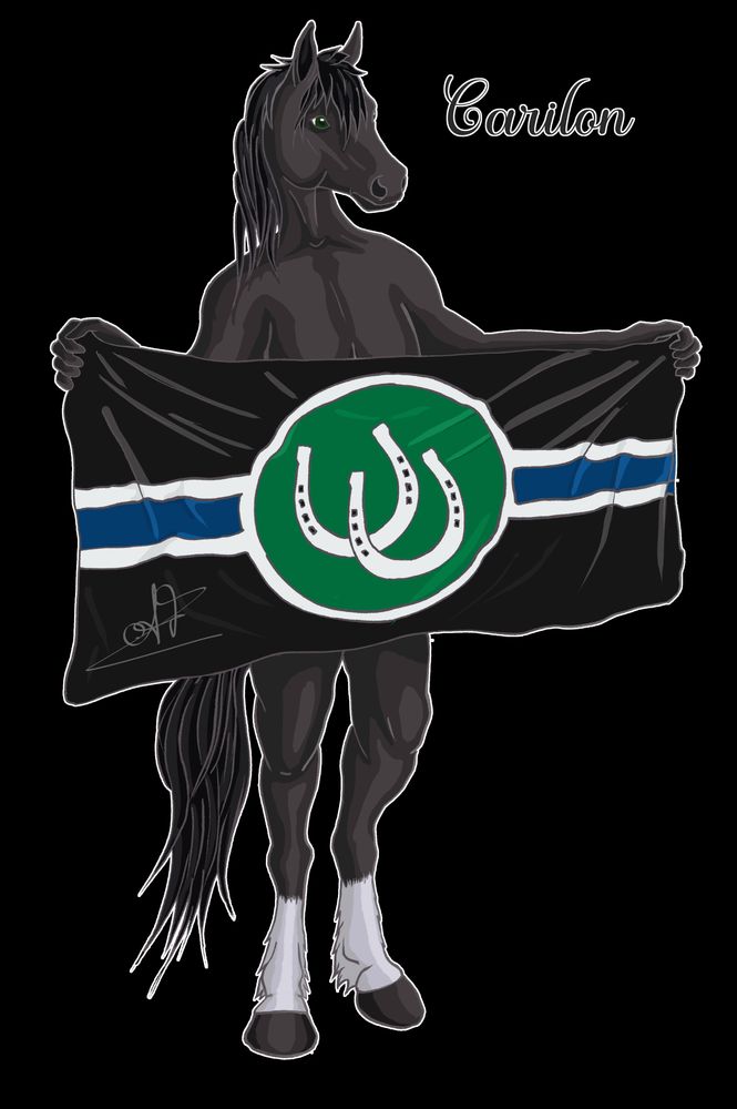A stylized anthro horse character named Carilon stands holding a flag featuring white horseshoes in a green circle and blue stripes. This is the pony-play pride flag. Their body is sleek and androgynous, shaded in a clean cel style with white fetlocks and black coat. A soft white outline makes the character stand out on any background. The expression is calm and proud.