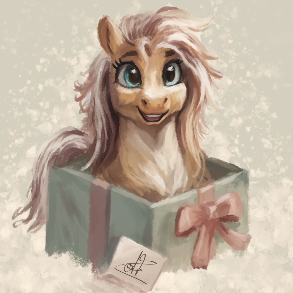 A cheerful pony with big teal eyes and flowing pinkish mane is sitting in a green gift box tied with a pink ribbon. The pony is smiling brightly, and there’s a signed gift tag at the bottom. The background is soft and textured in pale tones, giving a warm and festive feel.