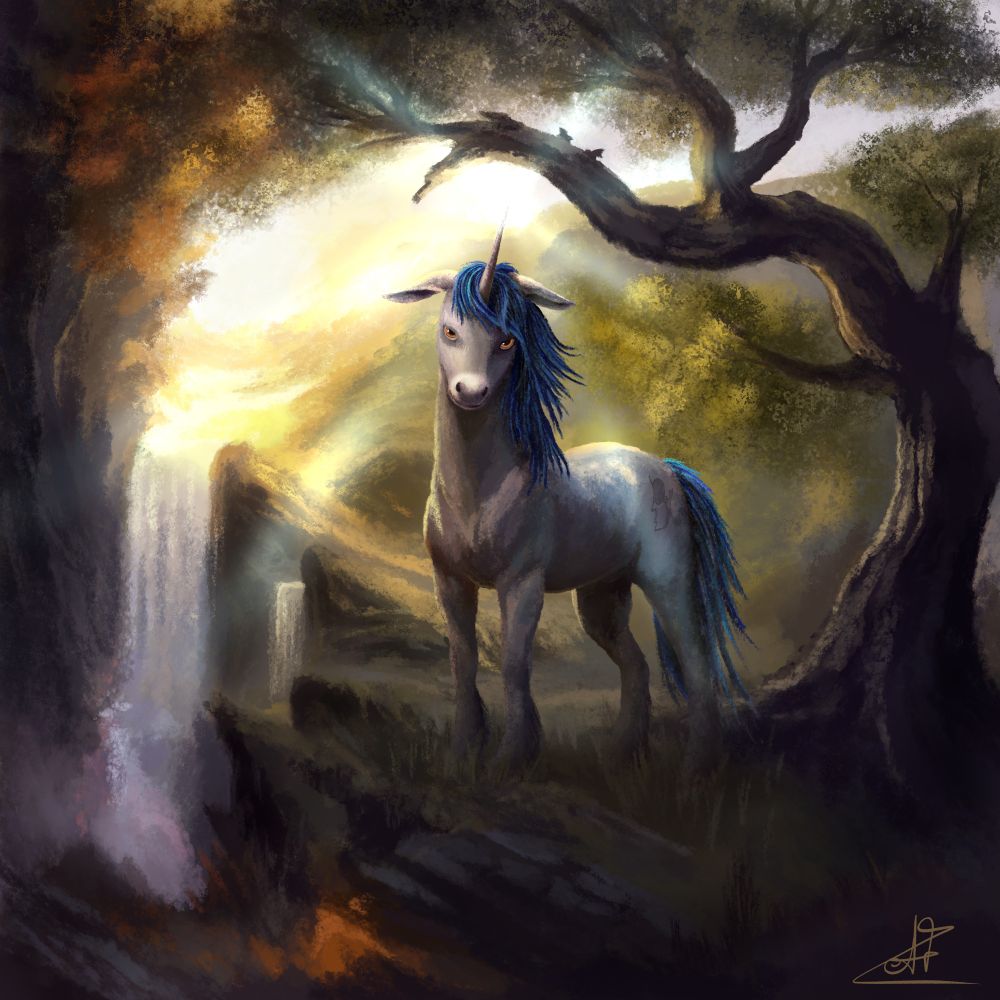 Digital painting of MoonSong, a light-gray unicorn mule mix with a deep blue mane and tail, standing at the edge of a shadowed cliff. Behind him, sunlight pours over green hills and a waterfall; in front, darkness spreads like an encroaching threat. His steady stance and piercing gaze suggest he is guarding the light against the approaching gloom, symbolizing resilience against depression. Version with glowing horn and light rays