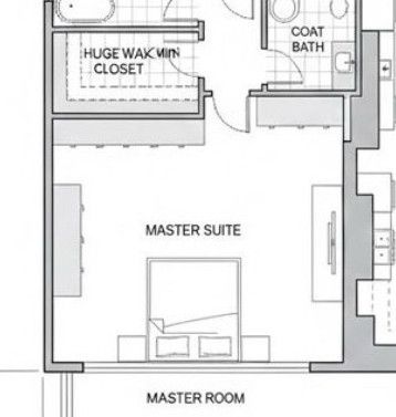 A picture of an AI generated floor pan, zoomed in on an apparent bedroom that is labeled "master suite"; outside of complete errors such as a TV facing the wall in a spot that wouldn't be possiblied used in a comfortable manner anyway, and the general dogshit nature of the matter... the bed and two nightstand are setup in a manner where the head of the bed is up against a large ass window and the sleeper would be pointed towards the door of the bedroom, which is a major violation of basic feng shui principles