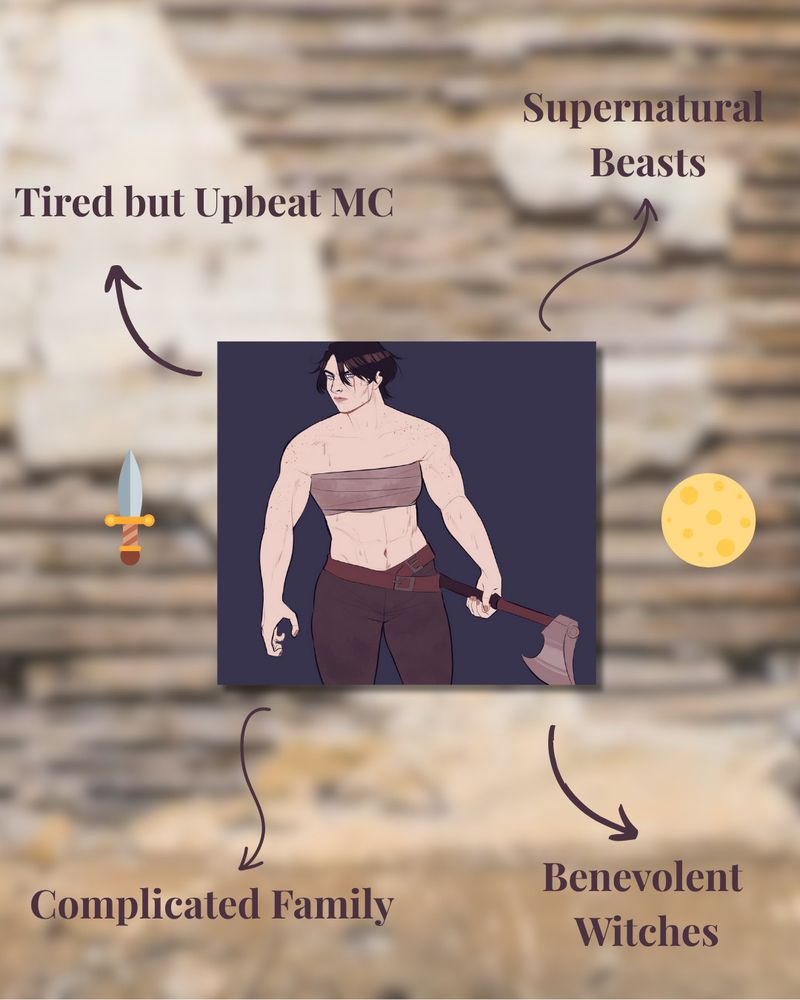 Colored illustration of a muscular woman with short black hair and blue eyes. She's holding an axe in her left hand and looking off towards her right, corresponding fingers curled. She's shirtless with a bandage wrapped over her chest and is wearing brown pants and a brown leather belt.

Tropes listed: Tired but Upbeat MC, Supernatural Beasts, Complicated Family, Benevolent Witches; there's also an emoji for a dagger and a full moon
