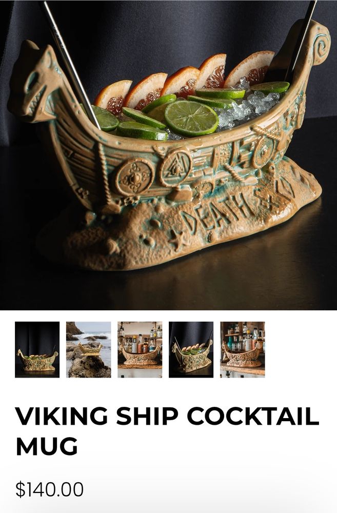 Screenshot of a product page with Death & Co of an awkwardly shaped cocktail mug-- a viking ship priced at $140 (yikes)