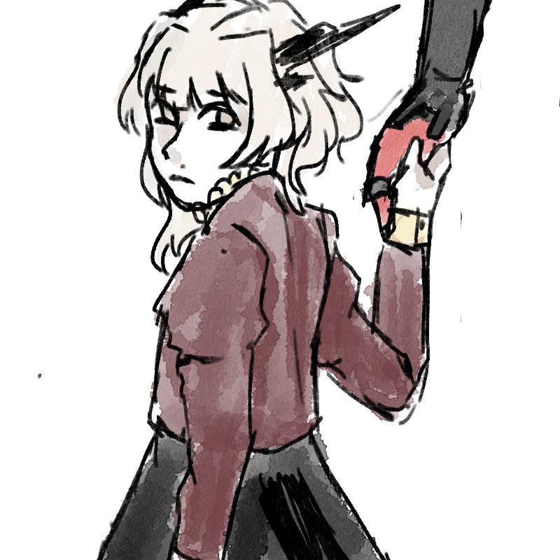 young talulah from arknights. she is looking at the camera with a sad expression, and her hand is in an offscreen kaschey's.