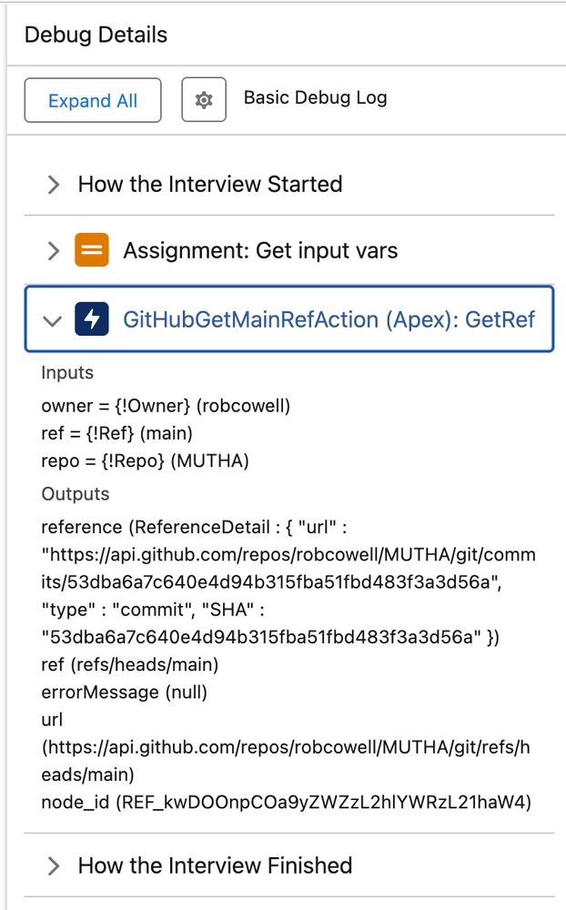 Screenshot of a Salesforce Flow bug pane showing the results of a callout to Github REST API