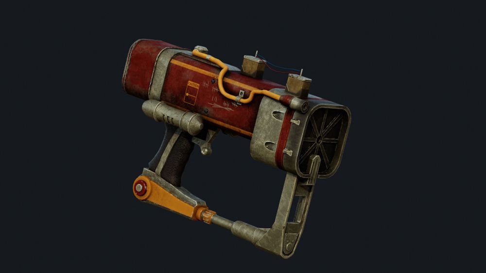3d model of a Fallout New Vegas laser pistol, specifically the red and gold unique model called “Pew-Pew”