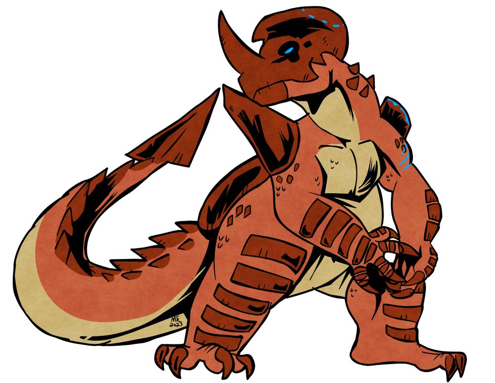 Baelora, a saurian goliath inspired by pachcephalosaurs, ceratopsians, and other armored dinosaurs. Opalized scars cross the body, including a shoulder spike that’s been broken in half. Art by RochasaurusRex
