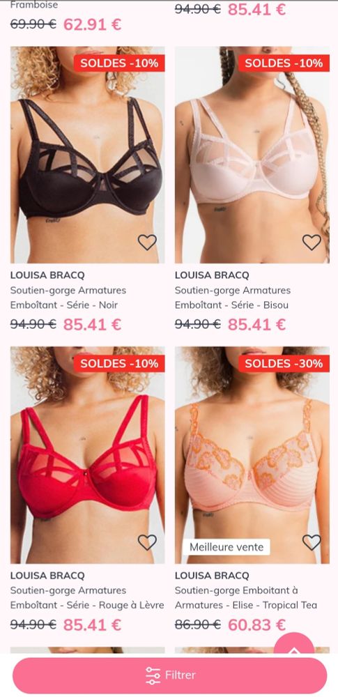 Screenshot d'une boutique de soutien-gorge en ligne, dont les prix varient de 60 à 85€