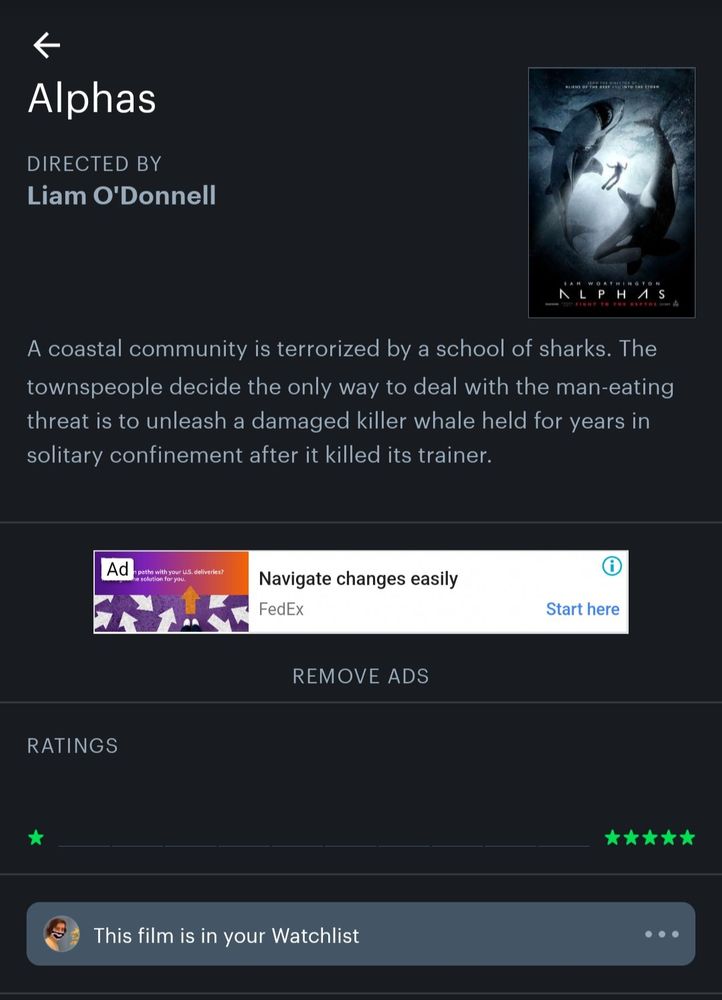 Printscreen de algum plataforma focada em filmes. A imagem trara de um filme chamado “Alphas”.
Segundo a descrição, o roteiro seria sobre uma comunidade costeira que decide liberar uma orca mantida em confinamento para enfrentar a ameaça de um grupo de tubarões devoradores de homens.
