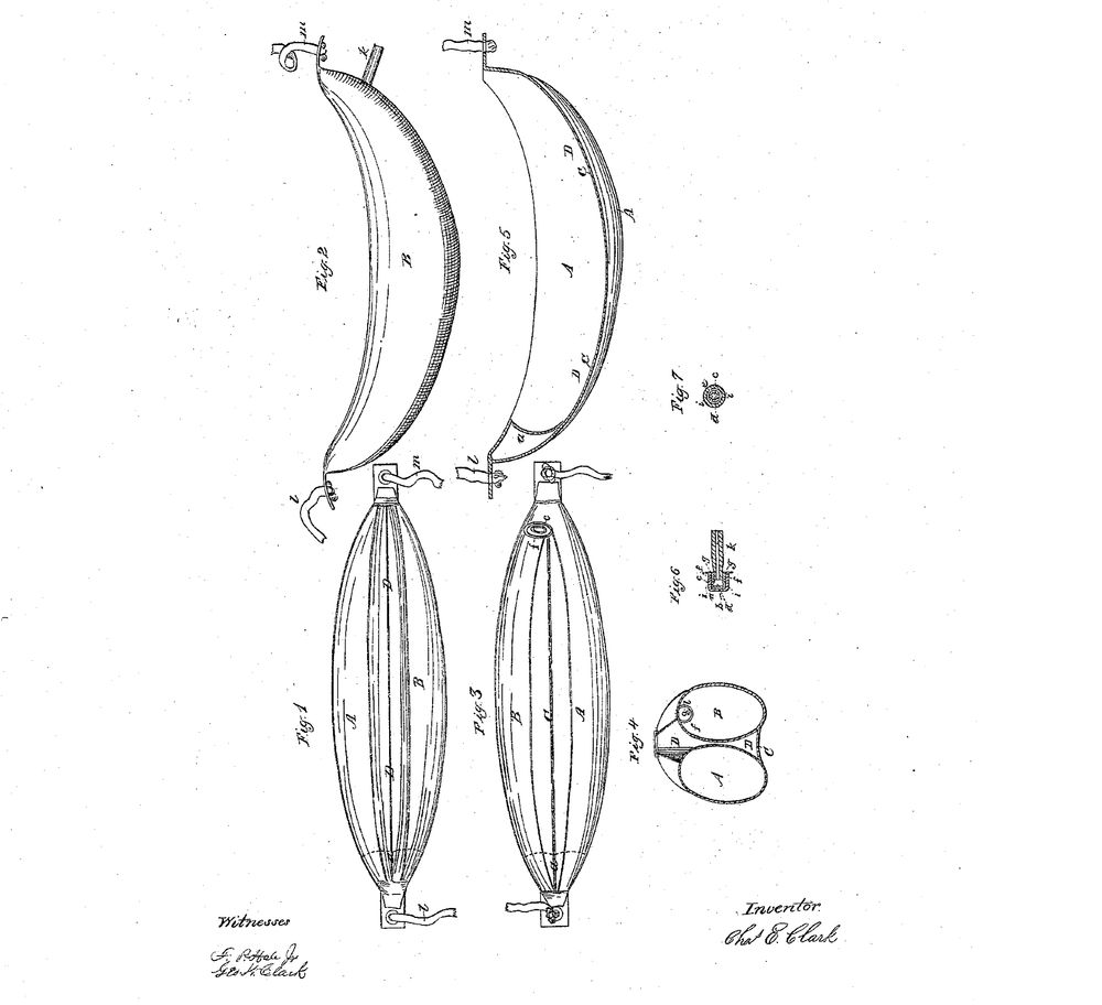 Technical drawing. At the top are two banana-shaped items, upright, with hooks at the top and bottom. Beneath this are two long ovals, approximately the same length as the bananas, with many folds inside. 