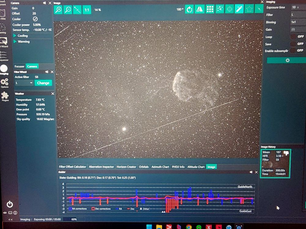 Imaging session on NINA imaging software, with an image showing satellite trails 