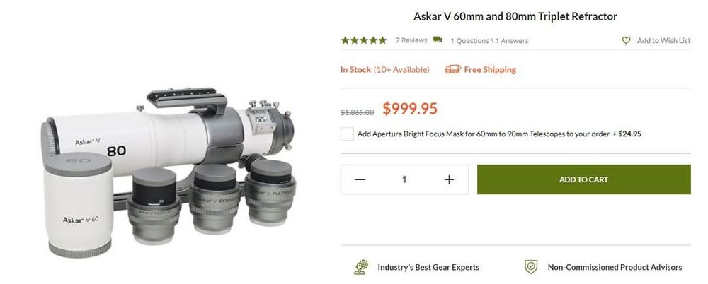 Image shows the Askar V telescope next to the extender, reducer, flattener and 60mm attachments 
