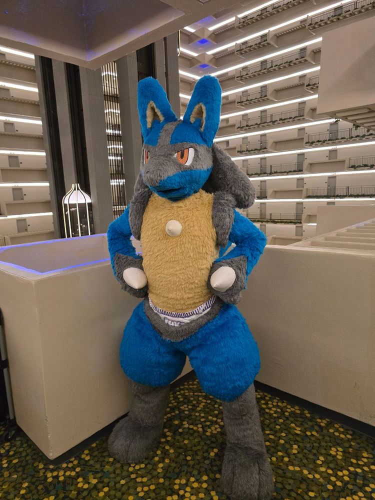 Lucario fursuit with diaper under shorts