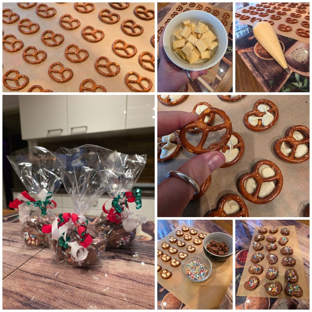 Die Entstehung der Schwarz-Weiß-Schoko-Brezeln wird auf mehreren kleinen Fotos dargestellt.