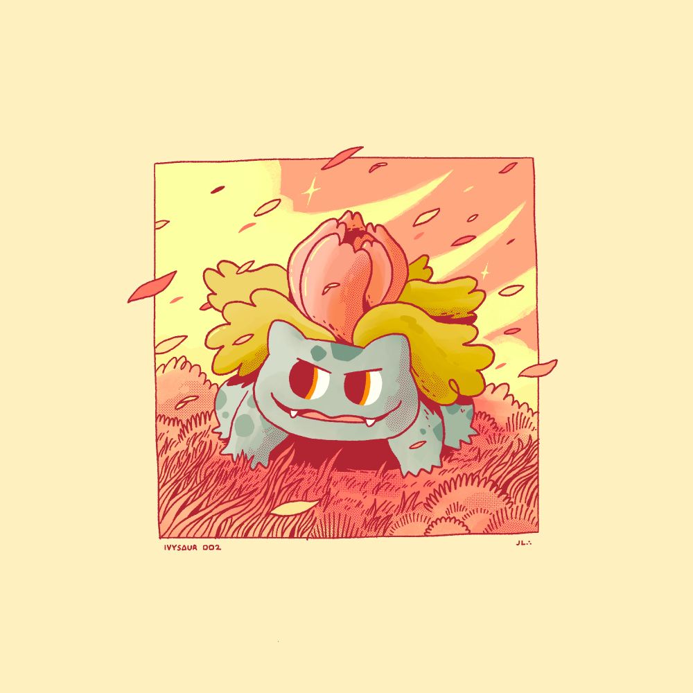 The pokemon ivysaur looking mischievous in a grassy field, leaves float by on the wind. Warmer tones and colours. 