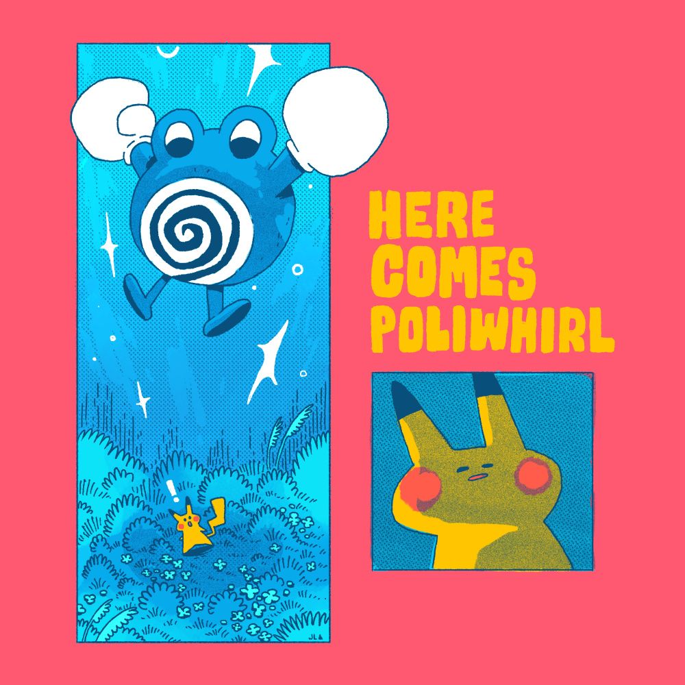 A short comic, the first panel has poliwhirl jumping down from the sky towards pikachu, the second has pikachu with a shadow over his face accepting his fate as poliwhirl approaches for impact