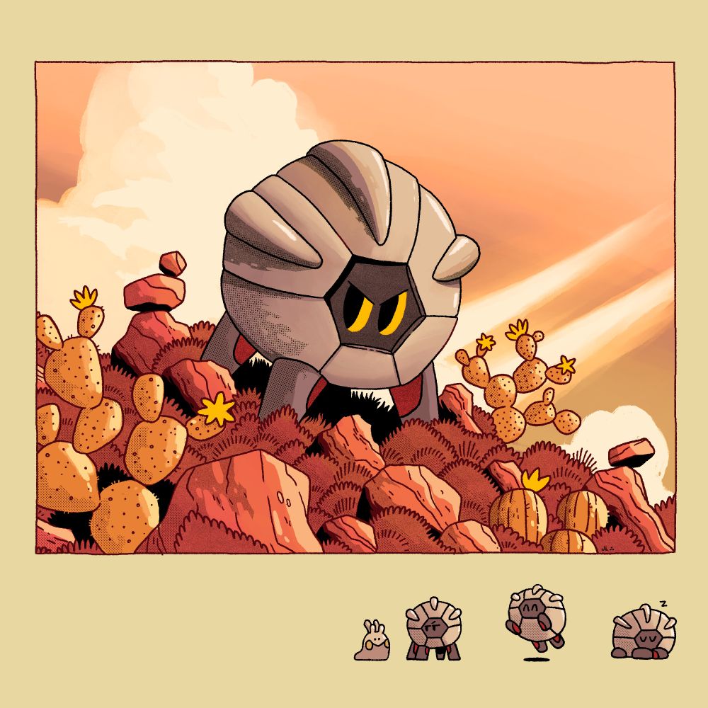 A panel featuring shelgon the pokemon standing in a rocky cactus patch looking mad as is typical with shelgon, underneath some small shelgon doodles of the pokemon suspiciously looking at goomy, jumping happily and snoozing. 