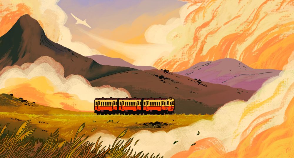 A small three carriage train crosses a grassy meadow, there are mountaims behind it and huge clouds tower above every else. Warm tones indicate it’s either sunrise or sunset. In this case its sunrise. 