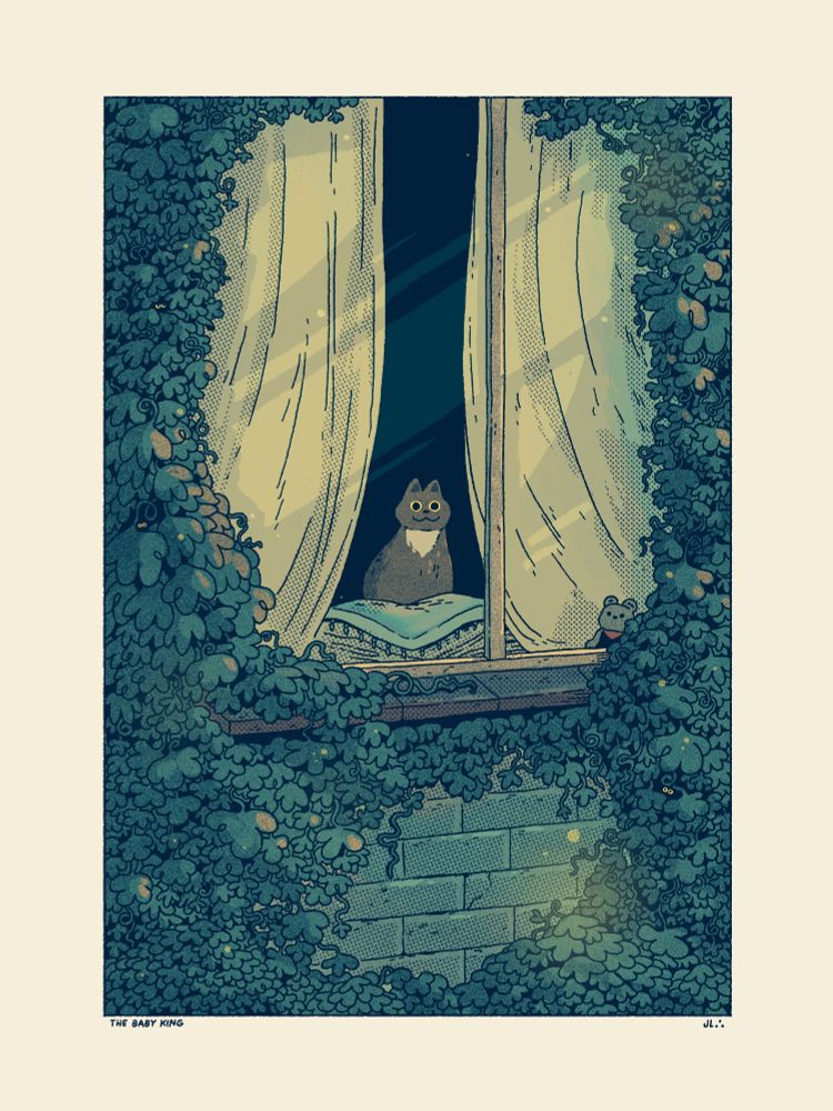 My cat who has a white triangle shape on his chest is sitting in the window which is surrounded by overgrown ivy theres a small bear in the window also. The colours are muted and cool. Thats my actual window and he sits there daily surveying the world and the people who walk past. 
