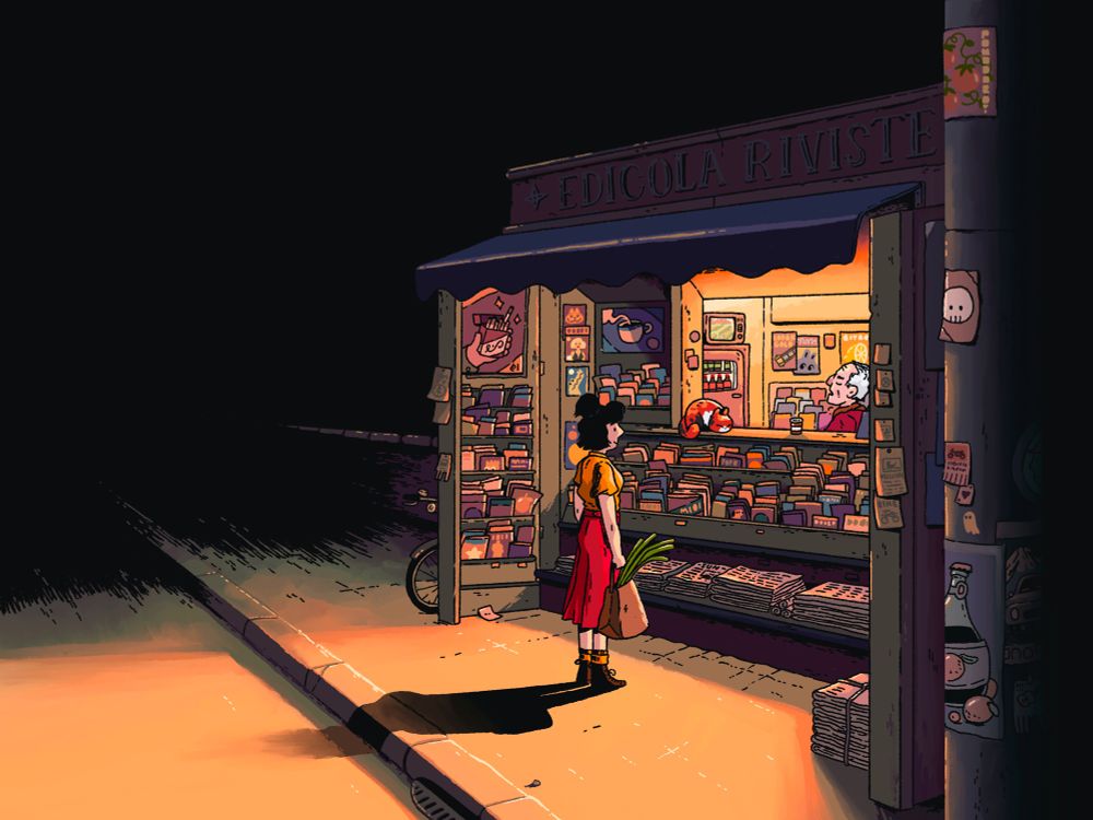 A woman in a red skirt and yellow top stands in front of a newspaper stand. Warm lighting illuminates her but the surrounding town are in darkness. An older gentleman and his cat are asleep behind the counter. 