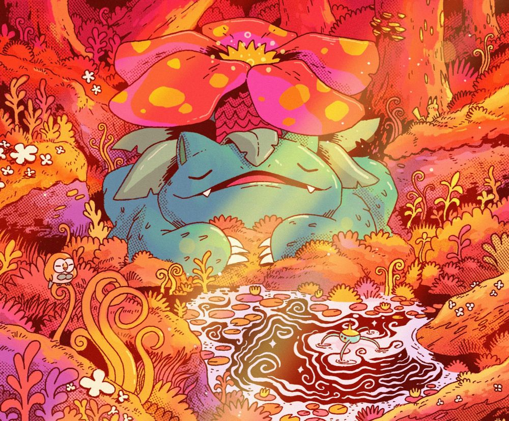 Venusaur the pokemon, basking in the sun in a flowery jungley area. 