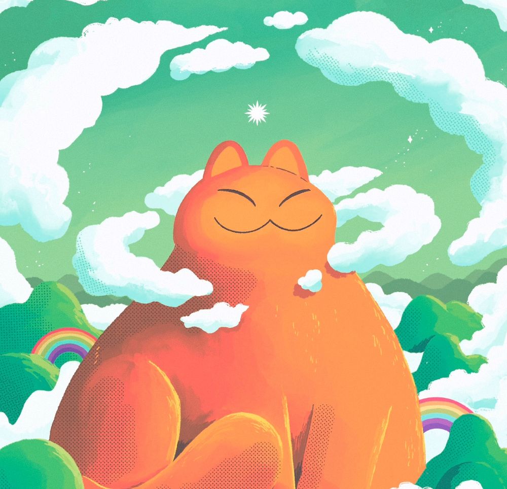 A giant cat surrounded by smaller hills, rainbows and clouds swirling around it’s giant noggin. Some kind of god maybe. Definitely powerful. 