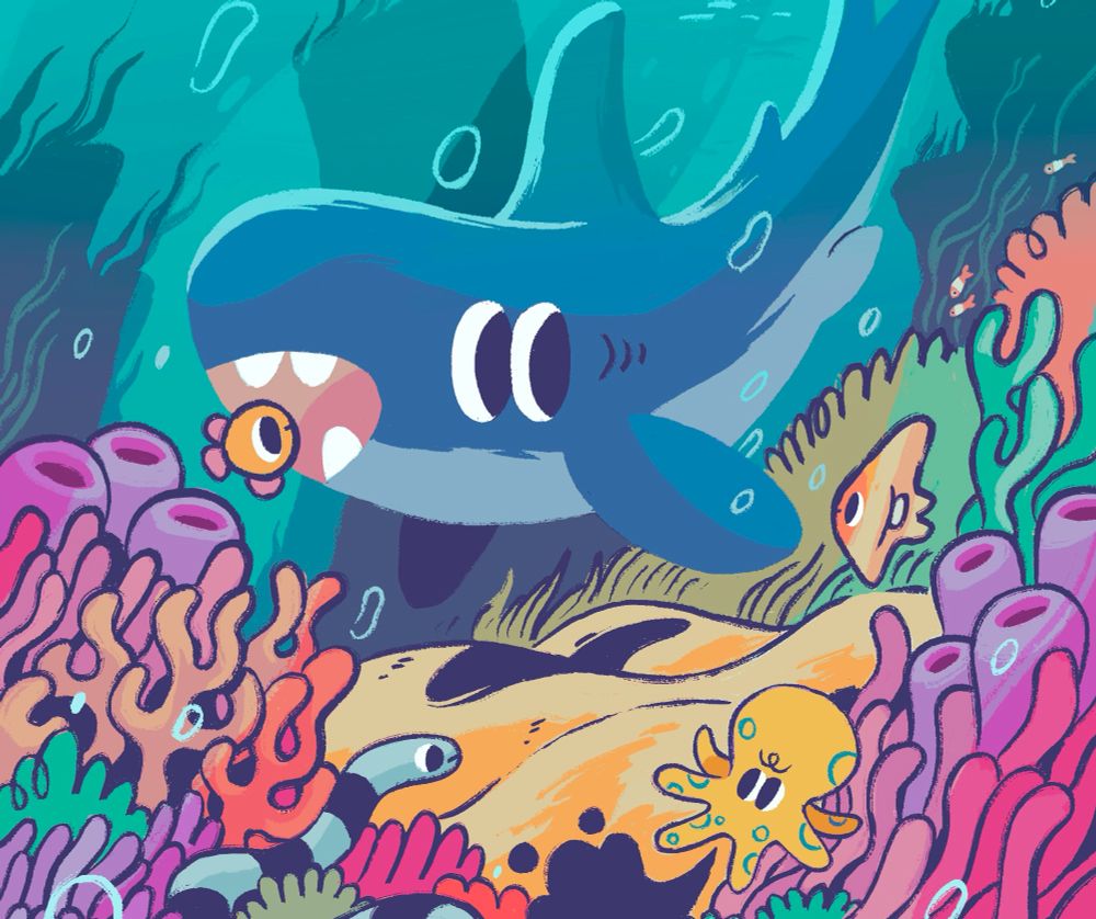 Underwater scene featuring some cartoonish sea creatures. A shark, sea snake, octopus etc living it up below the waves. 