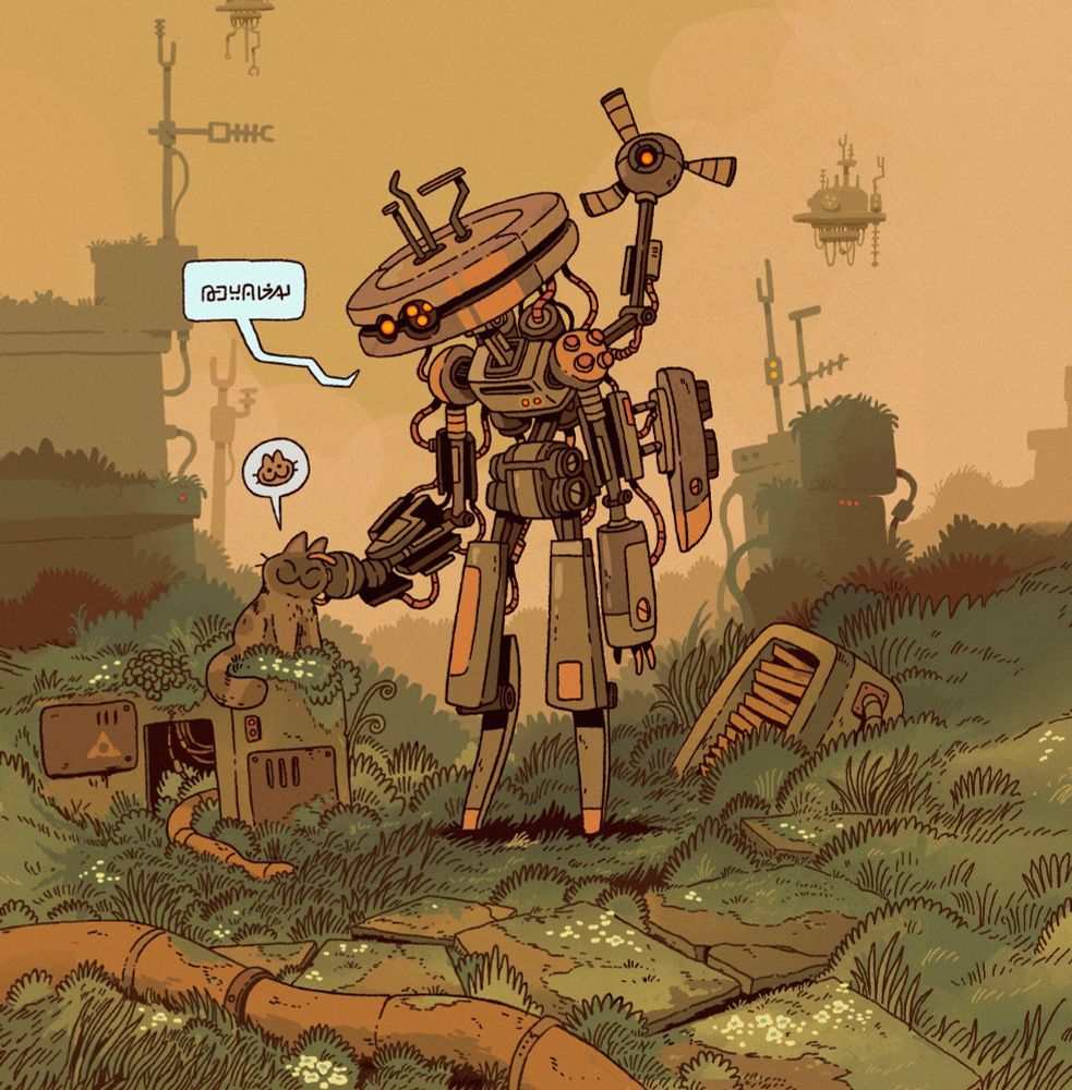 A robot with a disk shaped head and long limbs pats a grey tabby cat in a derelict area, floating droids hover in the distance, nature is reclaiming the old industrial detritus.