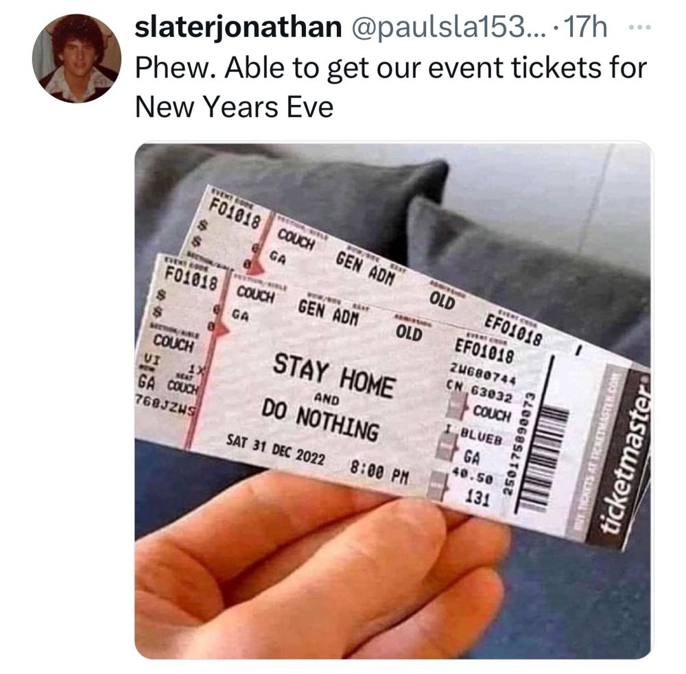 A pair of event tickets, and the event is 'Stay Home and Do Nothing