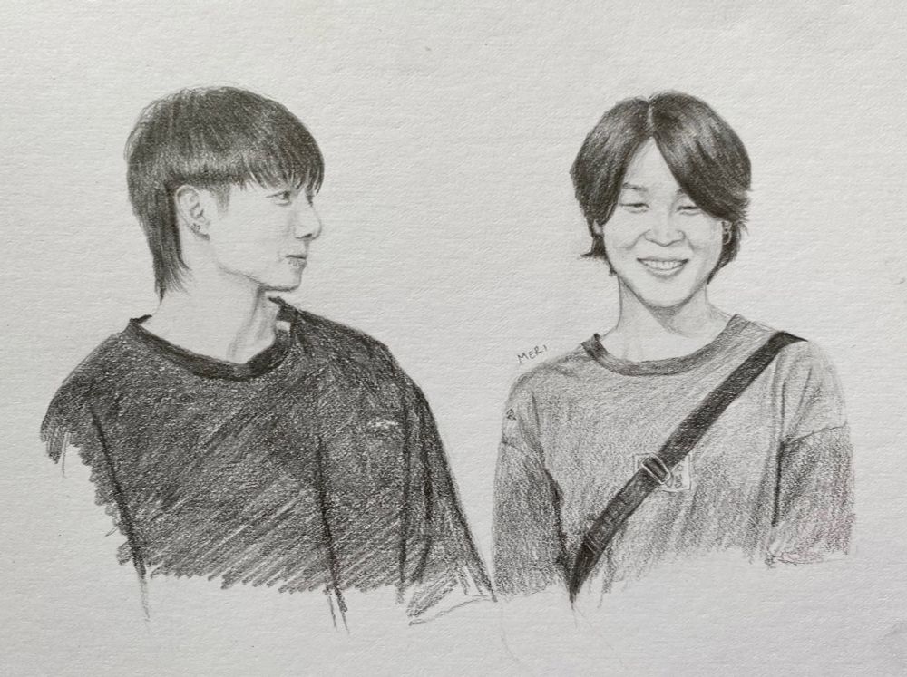 A pencil drawing of Jungkook watching Jimin from their travel show announcement clip. Jungkook has a fond look on his face, eyes turned towards Jimin, he’s wearing a black oversized t-shirt. Jimin is smiling prettily with his eyes almost disappearing, he has a grey shirt on and a bag strap goes over his chest and shoulder.