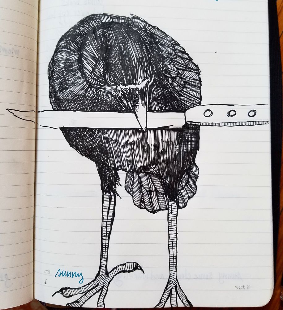 An ink drawing of a crow with a knife modelled after canuck the crow drawn in my planner circa 2017. 