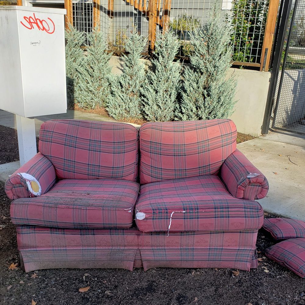 A festive red plaid loveseat with two extra bonus cushions on the ground next to it! Its is set out on a hellstrip covered in gravel, so it’s probably pretty easy to dust off.  Probably. 
