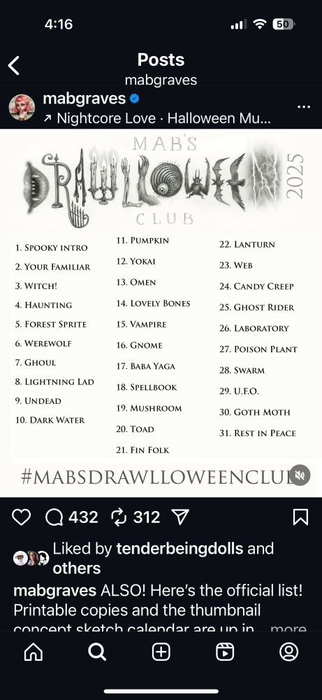 A screenshot of the 2025 inktober mab’s drawlloween prompt list. 