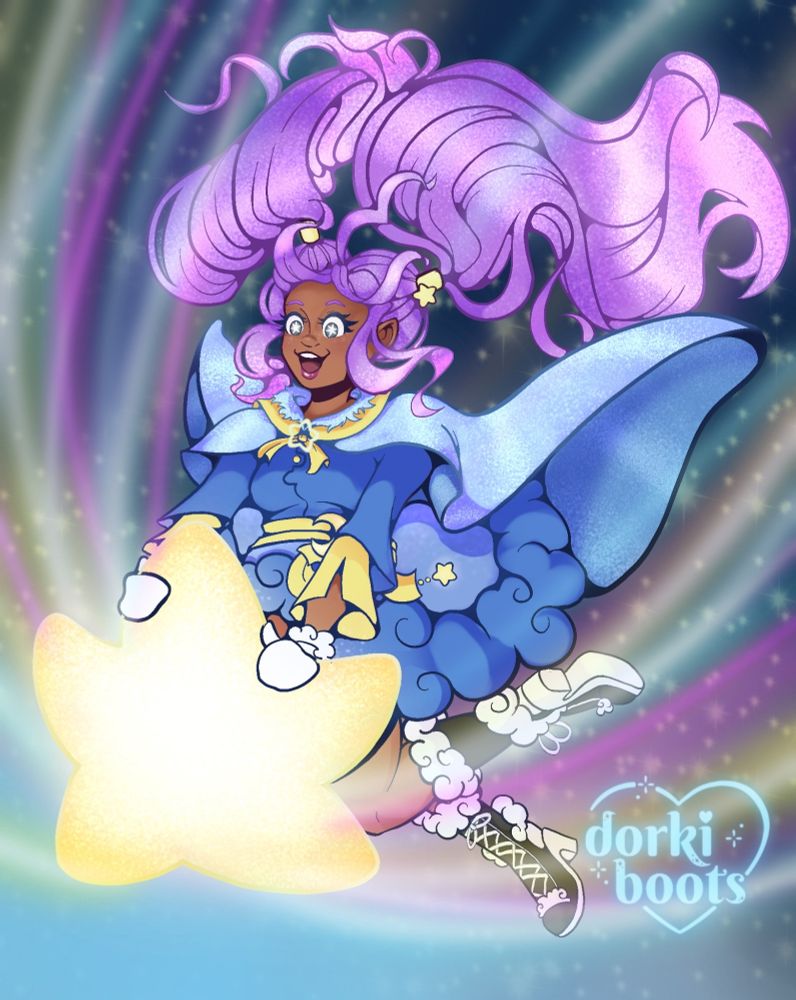 Purple haired girl shooting through space on a star. She has a blue dress made of clouds and a glitter cloak.