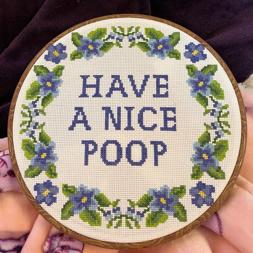 Cross stitch round piece, blue flowers with green leaves and yellow centers, centered text says “Have A Nice Poop”