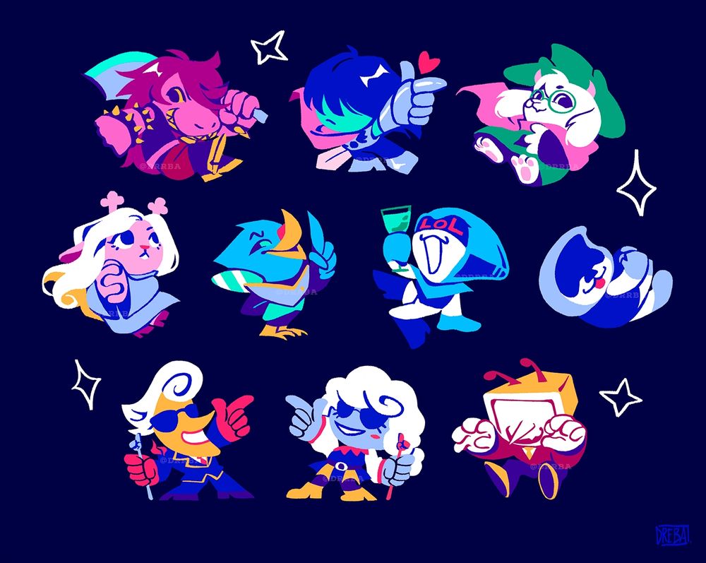 EN: Chibi art of Kris, Susie, Ralsei, Noelle, Berdly, Queen, Lancer, Lanino, Elnina and Tenna from Deltarune.