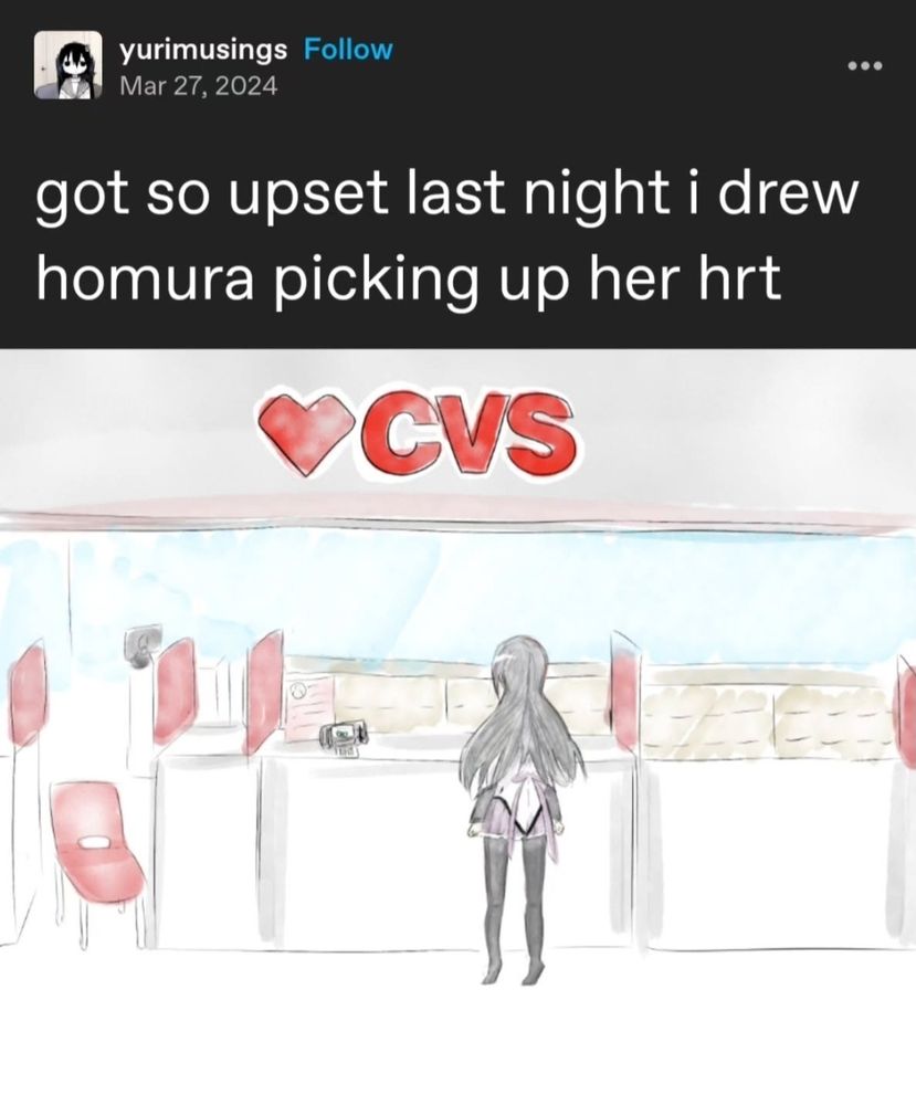 a drawing of homura picking up her hrt captioned got so upset last night i drew homura picking up her hrt