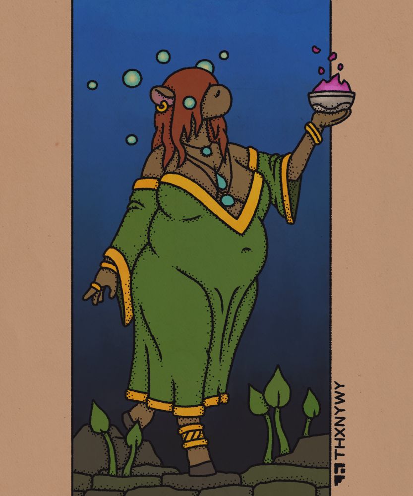 a curvaceous bovine lady wearing a drapey green gown carries a silver bowl full of pink flame while walking across mossy stones