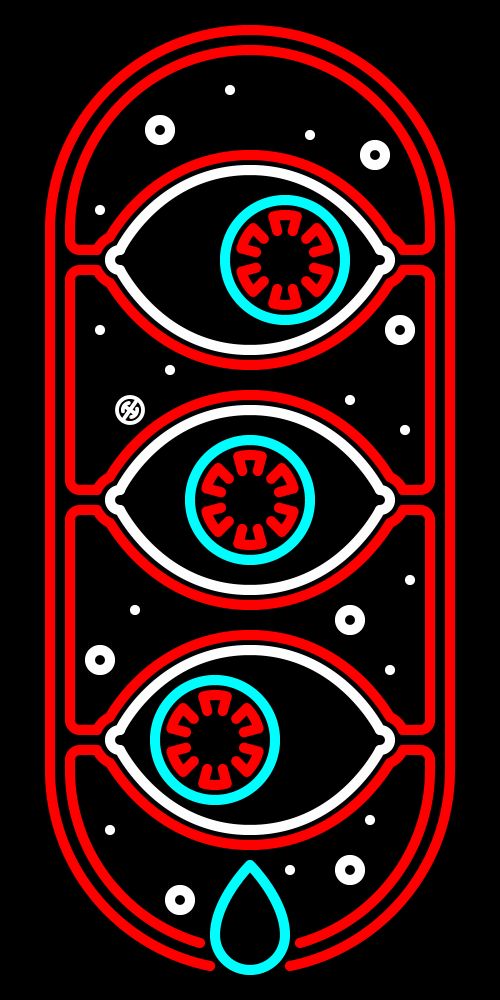 three neon eyeballs looking different ways in a cartouche filled with stars