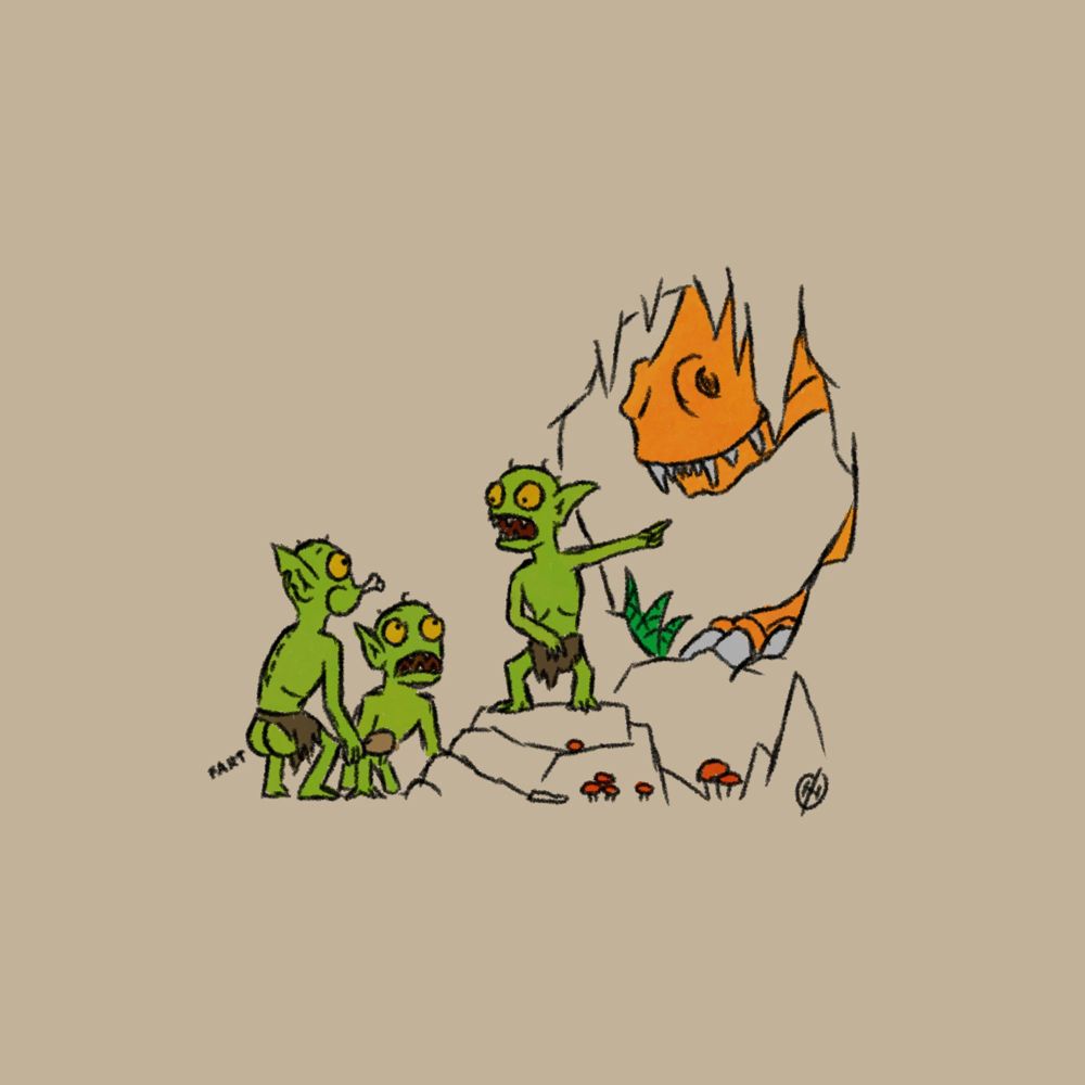 three smelly goblins squat in a cave- one emphatically indicates a large reptilian snout outside 